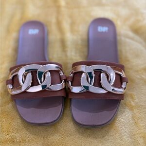 Brown Slide Sandals with Silver Chain Detail